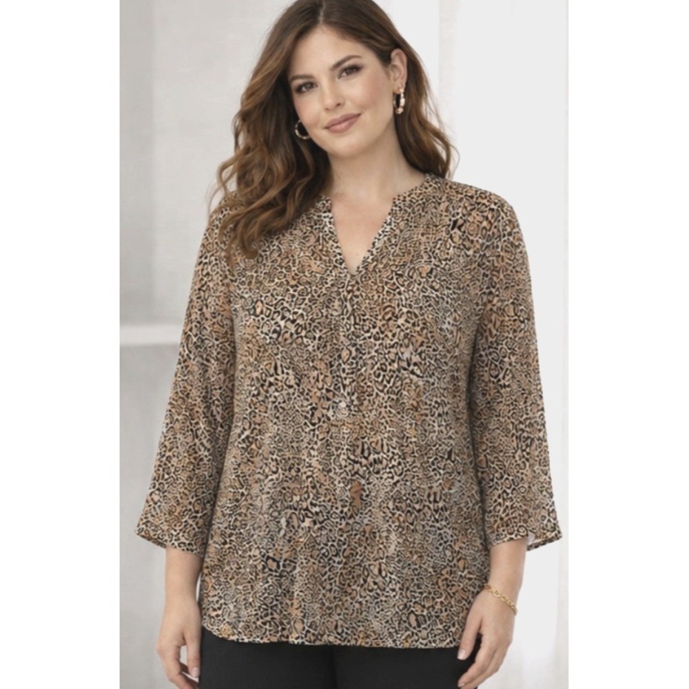 Chicos Womens Leopard Print Sheer 3/4 Sleeve Button Blouse Size L 12 14 Layer